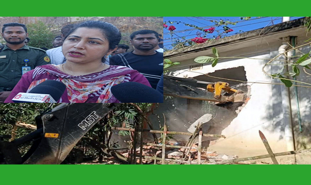 খাদিমনগর চা বাগানের খাস জমিতে তৈরি অন্তত ৩০টি ভবন ভাঙচুর,উদ্ধার করা হয়েছে অস্ত্র