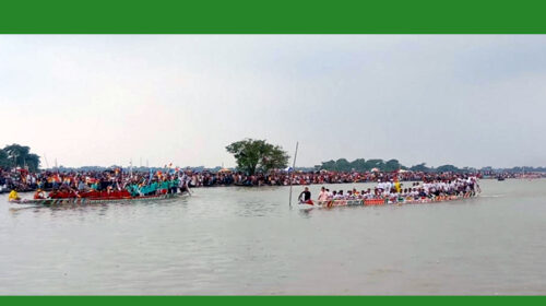 হাজারো মানুষ নৌকাবাইচ দেখতে হাওরপাড়ে ভিড় করেন
